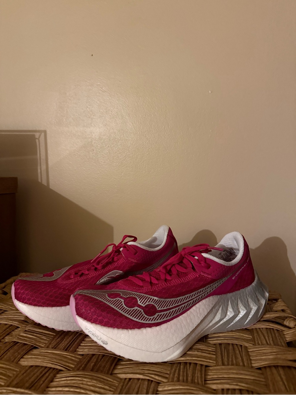 Saucony Women's Endorphin Pro 4 Shoes in Raspberry and White